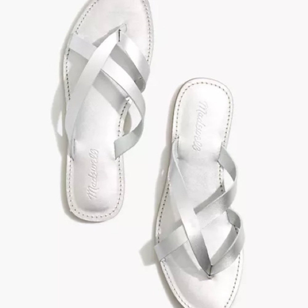 Madewell The Boardwalk Thong Sandal Metallic Leather Silver New